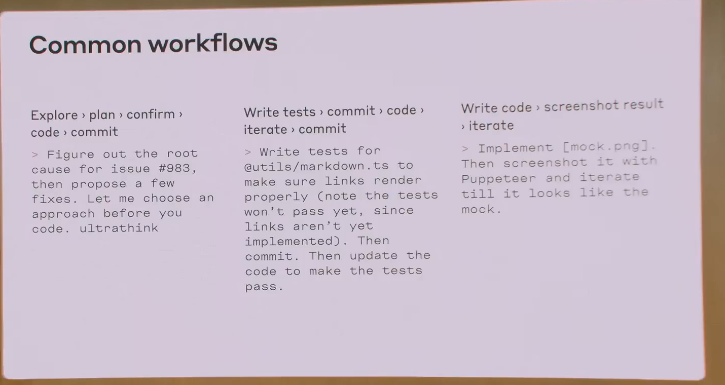 Workflow ที่ Boris แนะนำ — เริ่มจาก Explore แล้ว Plan ก่อนถึงจะ Code/Commit (รวมถึงแบบ TDD และ screenshot-iterate) — slide จาก Talk ของ Boris Cherny