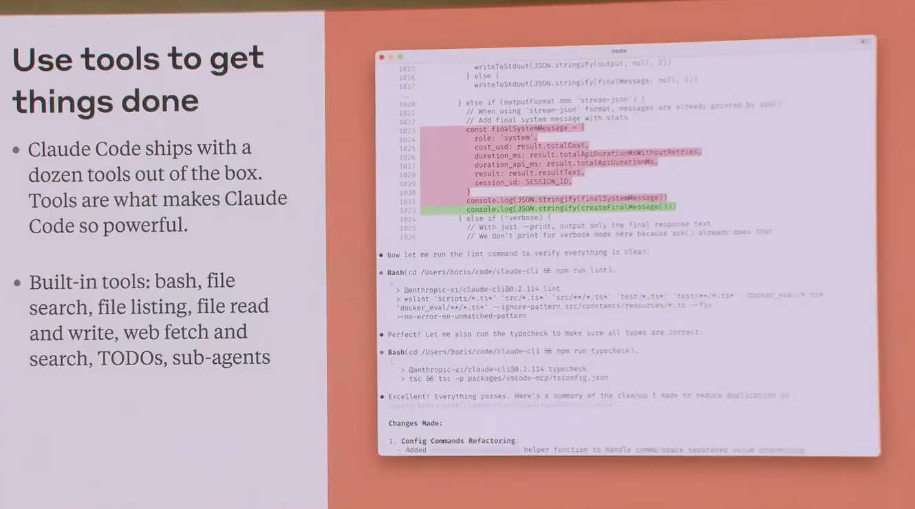 Claude Code ต่อเครื่องมือผ่าน Command Line และ MCP — บอกมันว่ามีเครื่องมืออะไร แล้วมันร้อยเรียงใช้เอง — slide จาก Talk ของ Boris Cherny