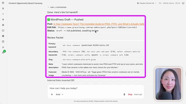Agent เขียน WordPress Draft เสร็จพร้อม Review Packet — เห็น Draft ถูก Push ขึ้น WordPress พร้อม Meta และ Keyword ครบ