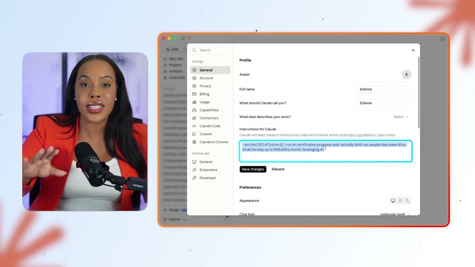 หน้า Settings ของ Claude — ช่อง Instructions for Claude ที่ Edwina กรอก Context ตัวเองไว้ (เธอเป็นใคร ทำธุรกิจอะไร) พร้อม Projects ในแถบซ้าย นี่คือการตั้งค่า Context ที่ทำครั้งเดียวแล้วทุกแชทดีขึ้น (เฟรมจากคลิป ช่อง Edwina - Voice of AI)