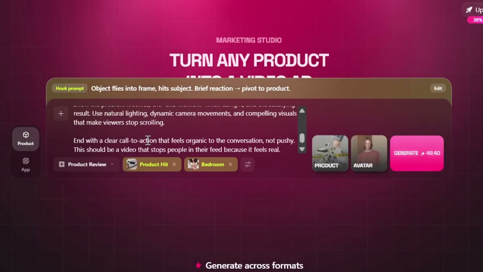 หน้าใส่ Hook Prompt ใน Higgsfield — เลือก Content Style แล้วกด Generate ทุกอย่างเป็น Template สำเร็จรูป