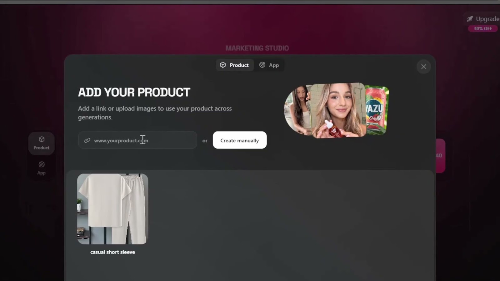 หน้า Add Your Product ใน Higgsfield Marketing Studio — Paste ลิงก์หรืออัปรูปสินค้า