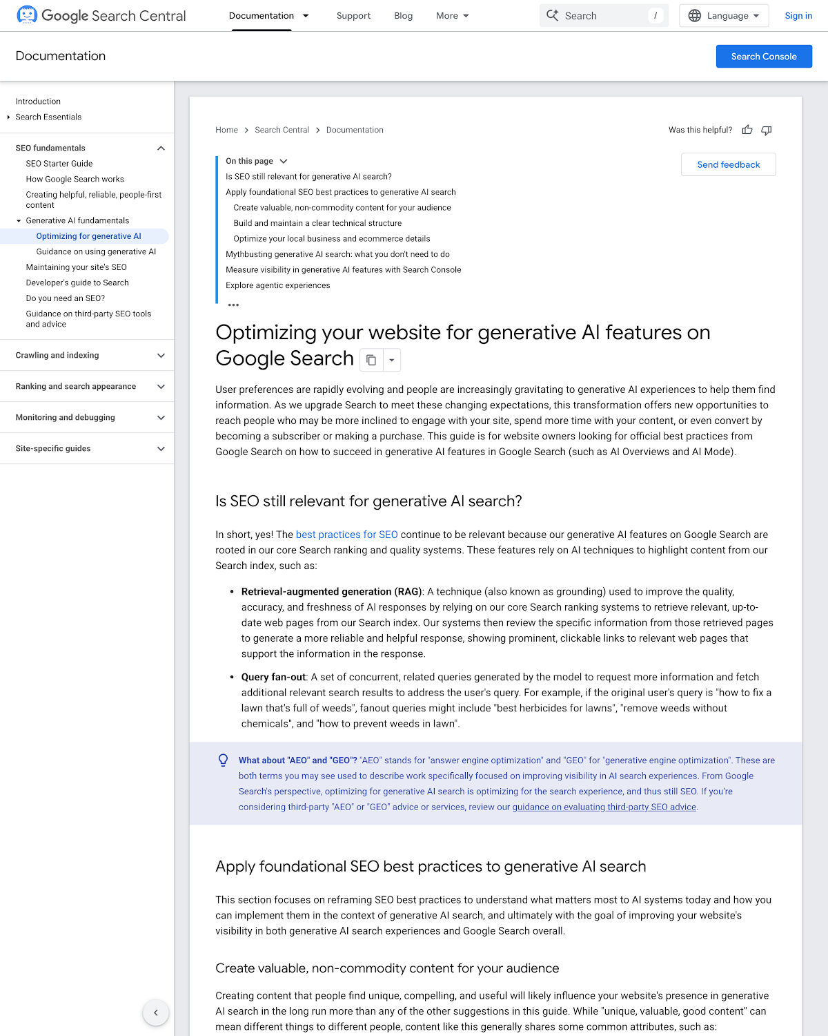 หน้าคู่มือ Google Search Central ตัวจริง “Optimizing your website for generative AI features on Google Search” — หัวข้อแรกถามตรง “Is SEO still relevant for generative AI search?” และ Google ตอบเองว่า yes — SEO พื้นฐานยังจำเป็นสำหรับ AI Search