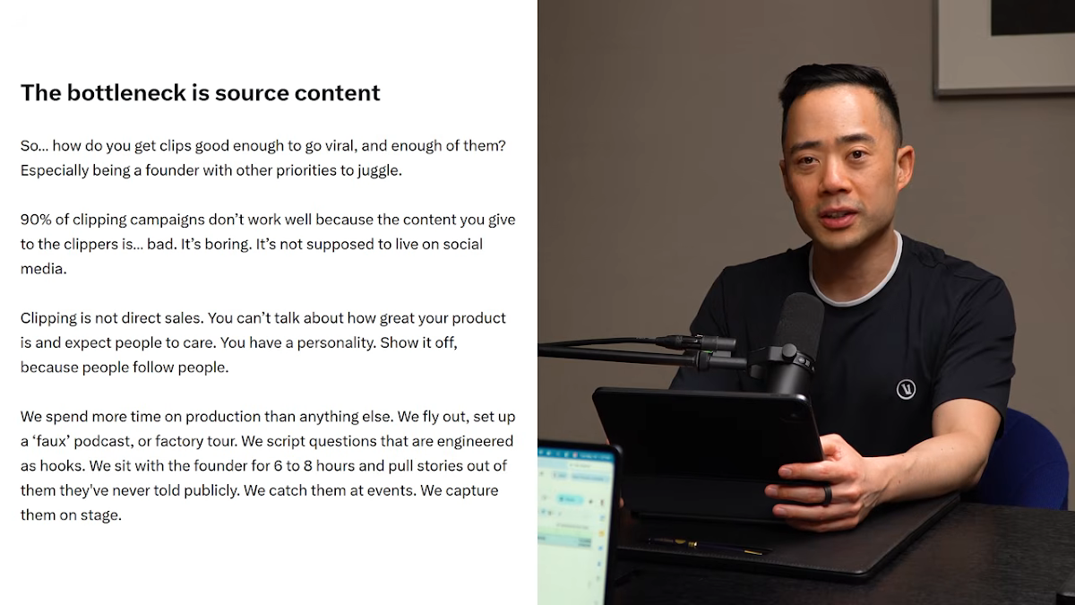 สไลด์ในคลิปต้นทางเขียนว่า The bottleneck is source content — Eric Siu อธิบายว่า Podcast ที่ถ่ายอยู่ไม่ใช่ รายการ แต่คือ Source Content ต้นทางสำหรับป้อนโรงงานตัดคลิป (ภาพจากคลิป YouTube ต้นทาง)